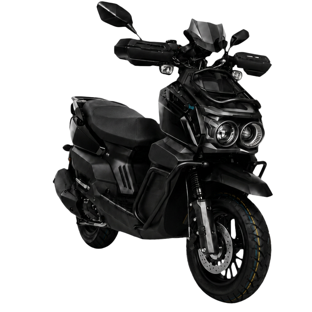 Scooter elétrica FYRON TANK em estúdio premium com iluminação neon azul e roxa